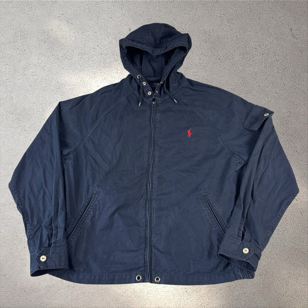 POLO RALPH LAUREN Navy Blue Poplin Full Zip Jacket XL Hooded Cotton Blend Smock